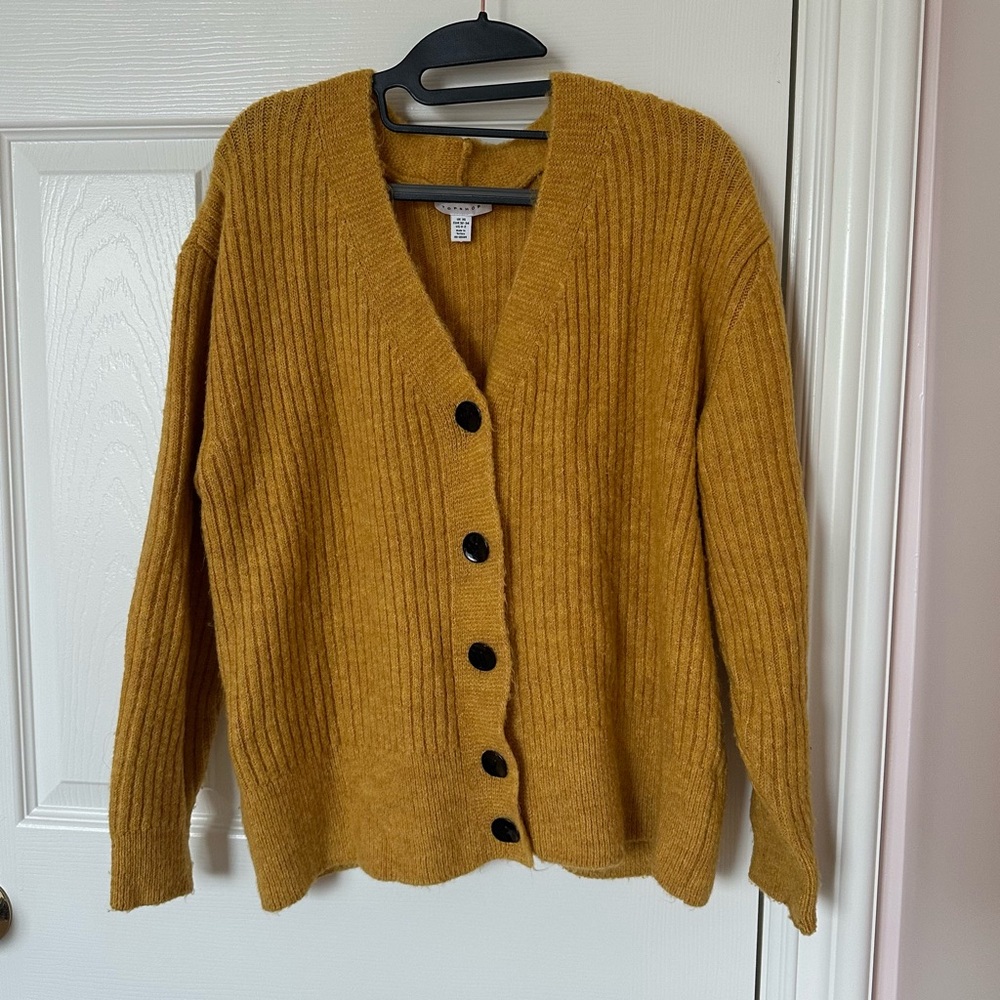 Topshop Mustard Ribbed Button Front Cardigan